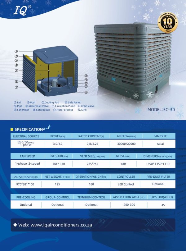 IQ Evaporative Air Cooler - EC-30 Evaporative Cooler  (10 year casing warranty)